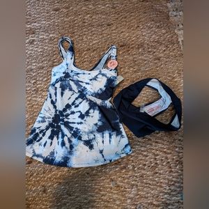 NEW Bobbie Brooks 2 piece Swimsuit Padded Bra Blue White tye-dye Tank Size Med
